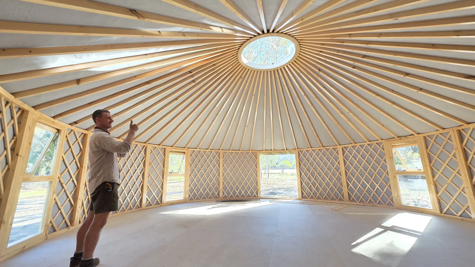 Inside an 8m ORON yurt, showing the open floor