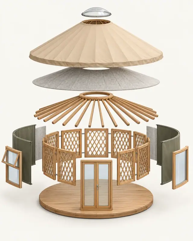 Exploded diagram of an ORON, showing the cover, frame, walls and floor